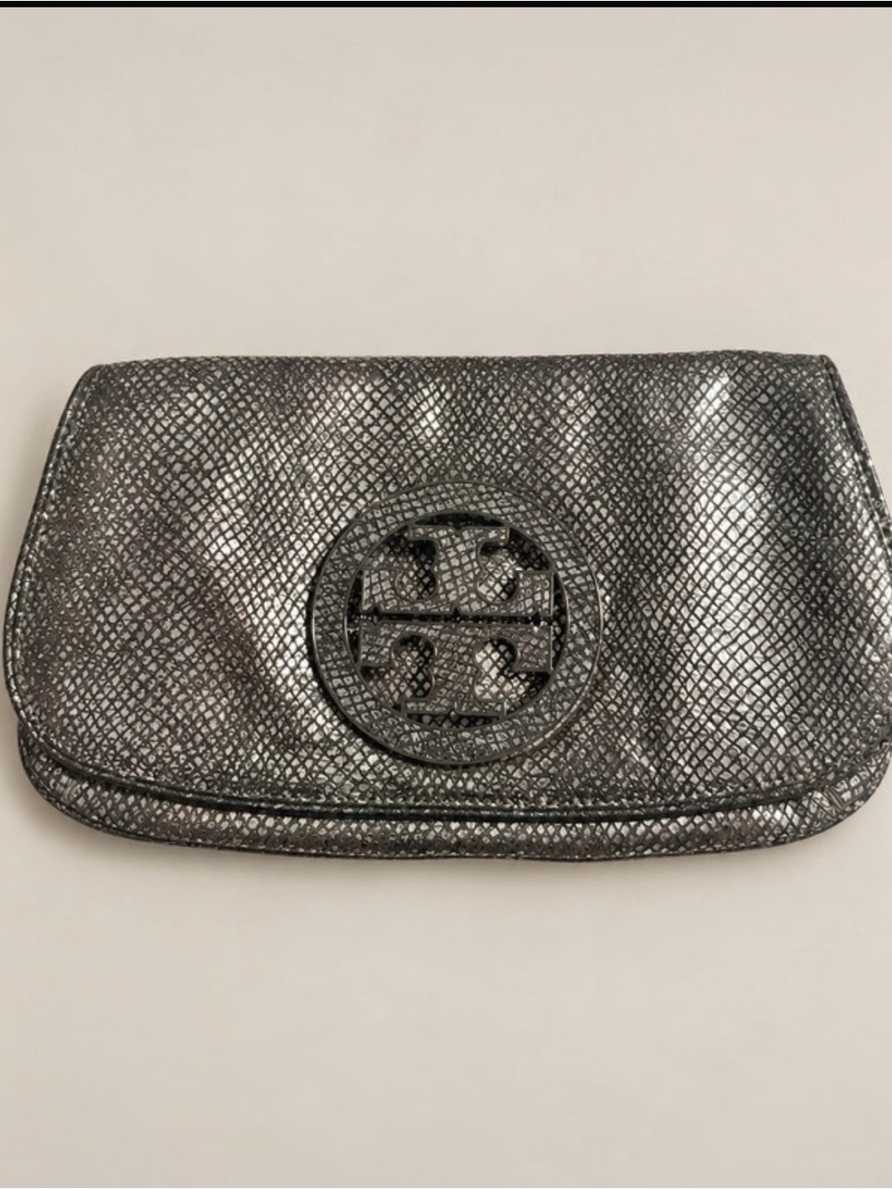Tory Burch Gunmetal Textured Logo Clutch bag